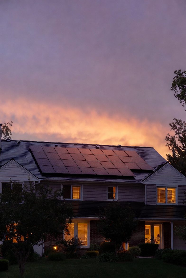 Solar home with lights on at evening