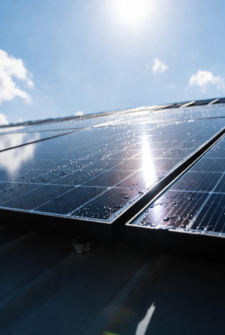 Close-up of solar panels with reflection
