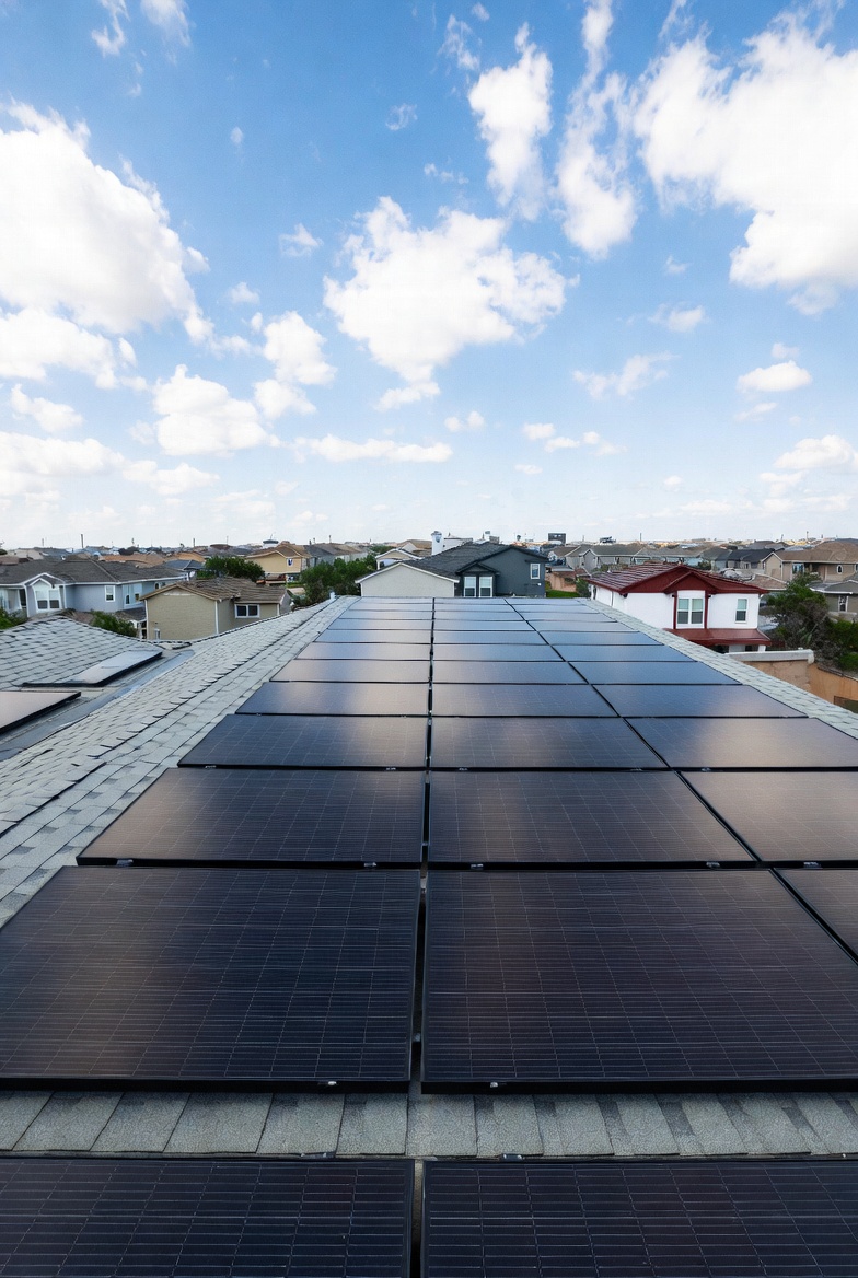Aerial view of rooftop solar array